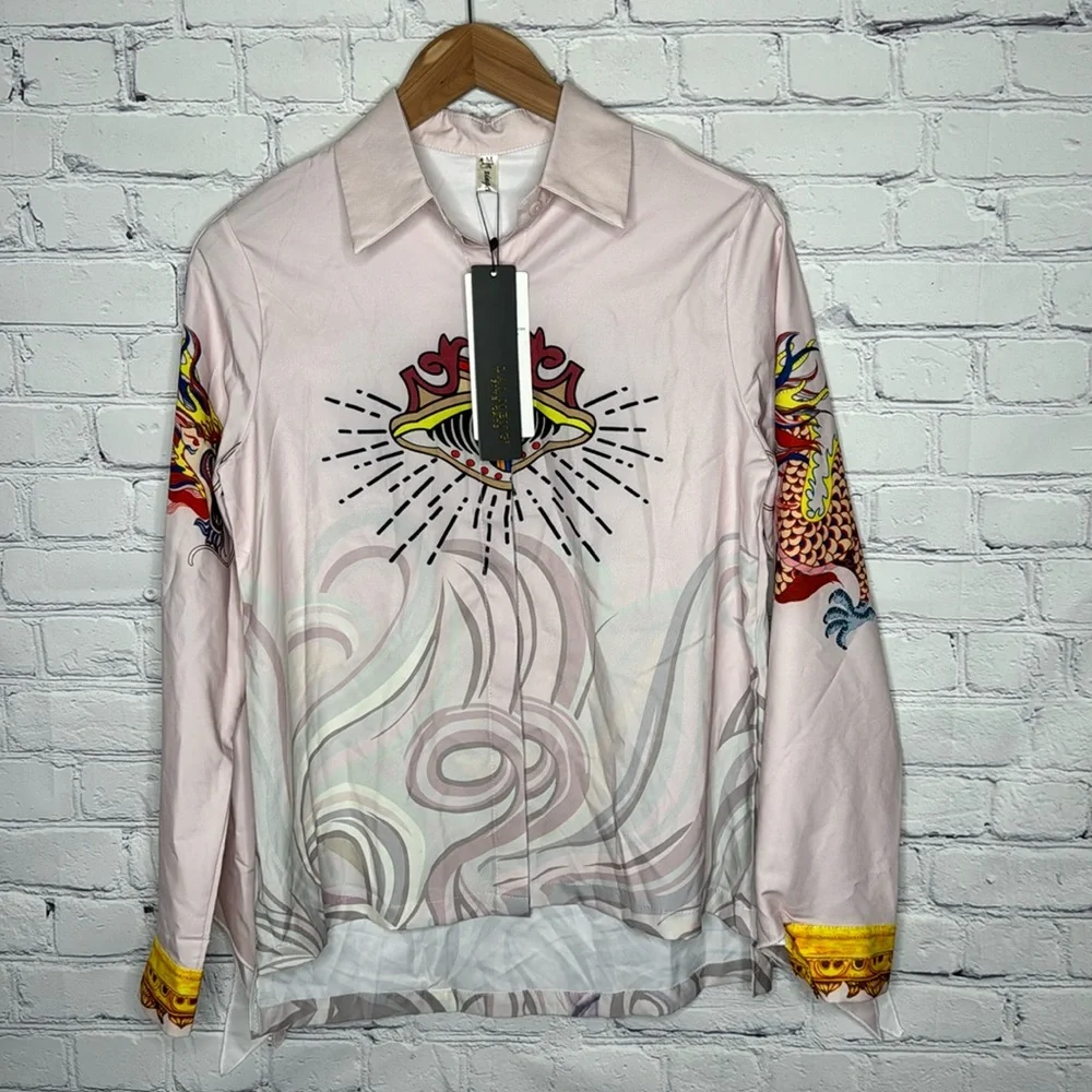 Lai Meng Five Cats Women's Button Down Printed Shirt - Picture 2 of 6